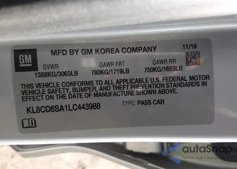 2020 Chevrolet Spark Fwd 1Lt Automatic z USA, uszkodzony, nr VIN KL8CD6SA1LC443988